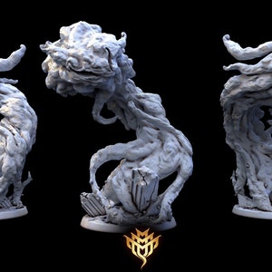 May include: A 3D printed miniature of a swirling, smoke-like creature with a textured surface. The creature is standing on a base with a broken, rocky texture.