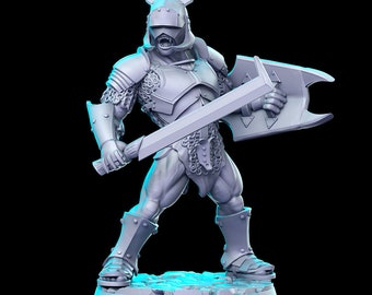 May include: A gray plastic miniature figurine of a warrior wearing armor and holding a sword and shield. The figurine is standing on a gray base.