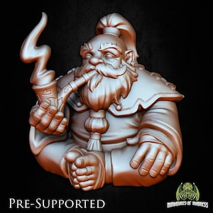 May include: A 3D printed miniature of a dwarf with a long beard, wearing a robe and holding a pipe with smoke coming out of it. The miniature is pre-supported and ready to be printed.