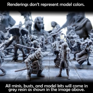 May include: A collection of grey resin miniatures, busts, and model kits. The image shows a variety of fantasy characters, including a dwarf, a wizard, and a goblin. Renderings don't represent model colors. All minis, busts, and model kits will come in grey resin as shown in the image above.