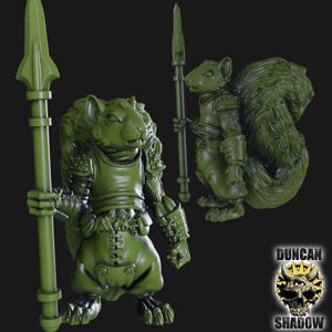 Puede incluir: Dos figuras verdes de guerreros ardilla, cada una sosteniendo una lanza. Las ardillas llevan armadura y tienen texturas de pelaje detalladas. Las figuras están sobre un fondo oscuro. El logotipo de Duncan Shadow está en la esquina inferior derecha.