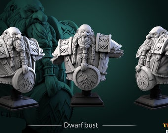 May include: A white 3D printed bust of a dwarf warrior wearing armour and holding a shield. The bust is on a black base. The image is titled "Dwarf bust".