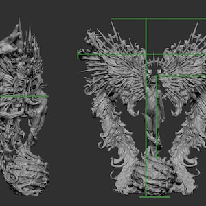 May include: A detailed 3D model of a winged figure, 108mm wide and 94mm tall, with intricate details. The figure is standing on a textured base, with a side view showing a 32mm thickness. The model has a crown and detailed wings.