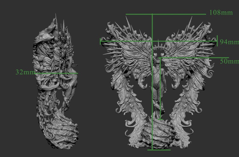 May include: A detailed 3D model of a winged figure, 108mm wide and 94mm tall, with intricate details. The figure is standing on a textured base, with a side view showing a 32mm thickness. The model has a crown and detailed wings.
