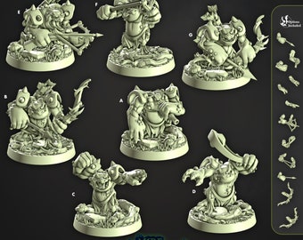 May include: Seven 3D printed miniature figures of green, toad-like creatures with various poses and weapons. The figures are labeled A through G and are part of a set called "Mire Leafshooters" by "Mire Volktoads".