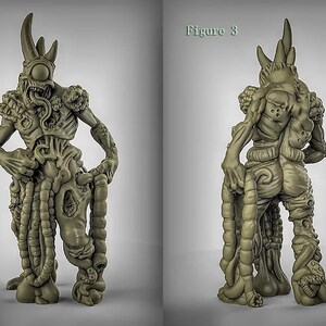 May include: A green, detailed, 3D printed miniature figure of a grotesque, humanoid creature with a single eye, horns, and multiple appendages. The figure is posed with one hand on its hip and the other holding a long, tentacle-like appendage.