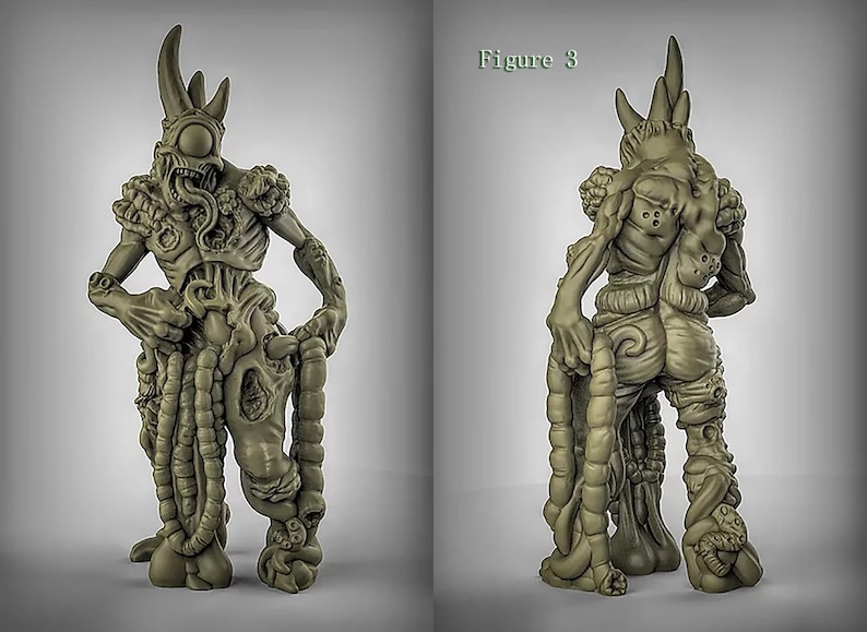 May include: A green, detailed, 3D printed miniature figure of a grotesque, humanoid creature with a single eye, horns, and multiple appendages. The figure is posed with one hand on its hip and the other holding a long, tentacle-like appendage.