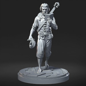 May include: A gray figurine of a man in shorts and a tunic, holding a book and a bag. A musical instrument is strapped to his back. The figure is standing on a circular base with a geometric design.