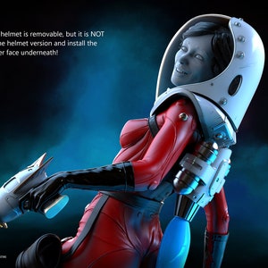 Puede incluir: Una mujer con un traje espacial rojo y blanco sostiene un arma de rayos futurista. El traje tiene una visera extra&iacute;ble, pero la cara debajo no es visible. El fondo es azul oscuro con un brillo azul claro.