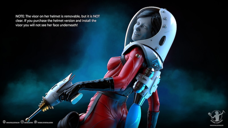 Puede incluir: Una mujer con un traje espacial rojo y blanco sostiene un arma de rayos futurista. El traje tiene una visera extra&iacute;ble, pero la cara debajo no es visible. El fondo es azul oscuro con un brillo azul claro.