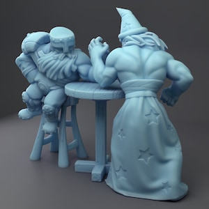 Arm Wrestling Dwarf and Musclebound Wizard Tavern D&D 28mm or 32mm Miniature Dungeons and Dragons DnD Tabletop Twin Goddess Display RPG
