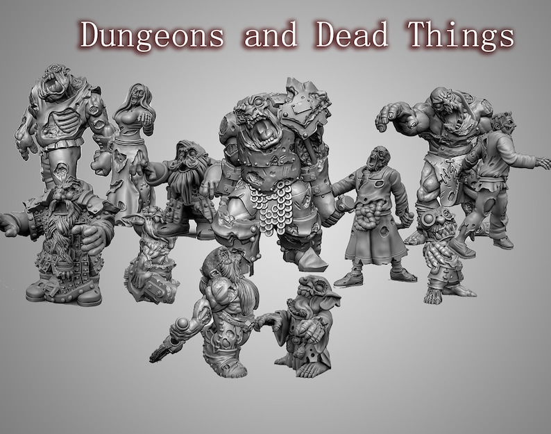 May include: A collection of 10 miniature figurines depicting undead creatures, including a zombie, a ghoul, and a skeleton. The figurines are made of a gray material and are posed in various action poses. The title "Dungeons and Dead Things" is displayed at the top of the image.