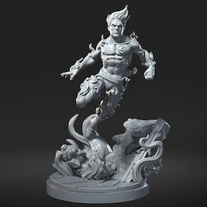May include: A gray figurine of a superhero in a dynamic pose, seemingly flying. The figure has a muscular physique and is surrounded by stylized flames. The base features a rocky landscape. The superhero has a symbol on the chest.