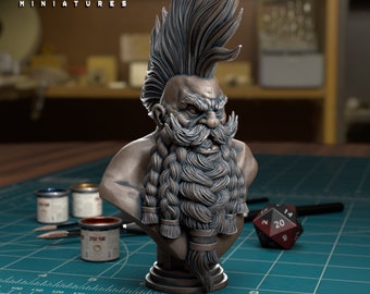 May include: A bronze-coloured bust of a dwarf with a large, braided beard and a mohawk hairstyle. The dwarf has an angry expression. The text "TYTAN TROLL MINIATURES" is at the top left. The text "SUPPORTS INCLUDED" is at the top right.
