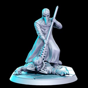 May include: A white painted miniature figurine of a plague doctor holding a spiked weapon over a fallen figure. The figures are on a circular base with a textured surface.