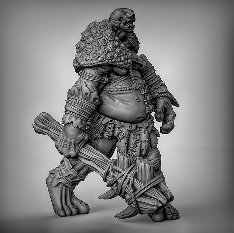 May include: A gray, detailed miniature figurine of a large, muscular, humanoid creature with a club. The creature has a large, round belly and is wearing a crudely made loincloth and a thick, armored vest. The creature's face is grotesque and has a large, flat nose and a wide mouth.