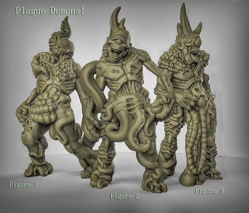 May include: Three green and brown detailed Plague Demon figures. The figures are standing on a white surface. The text "Plague Demons!" is at the top of the image. The figures are labeled "Figure 1", "Figure 2", and "Figure 3".