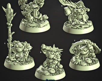 May include: Five 3D printed miniature figurines of green frog-like creatures with different accessories and poses. The figurines are on round bases with a grassy texture. The miniatures are part of a set called "Mire Servants" and are from the company "Mire Volktoads".