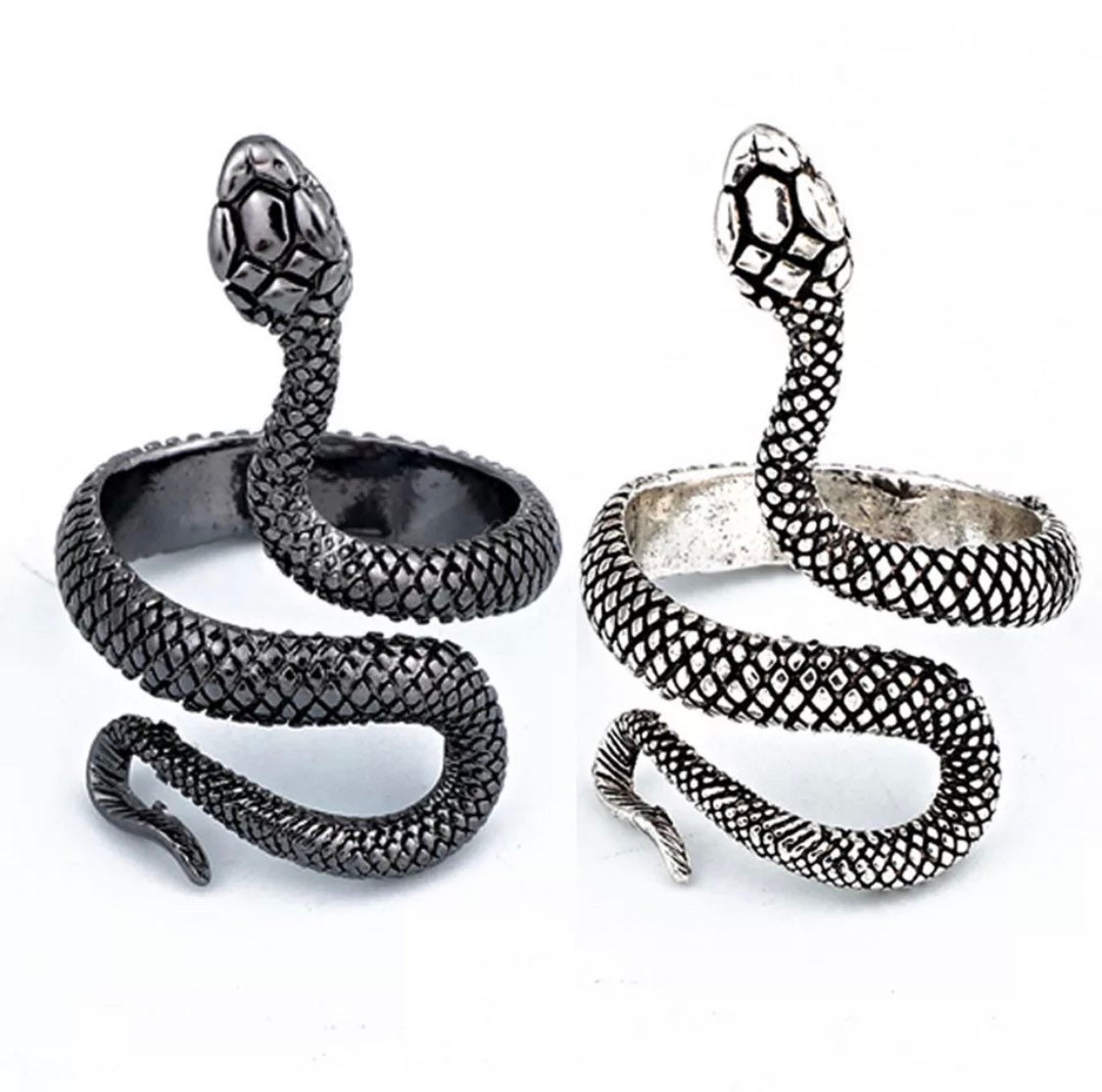 Pair of silver and black adjustable snake rings