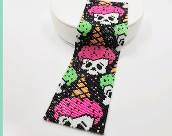 Zuckerschädel Perlenarmband Perlenmuster, Schädel inspiriert diy jewerly, Even Count Peyote Stitch Pattern auch große Perlen Lesezeichen oder Manschette