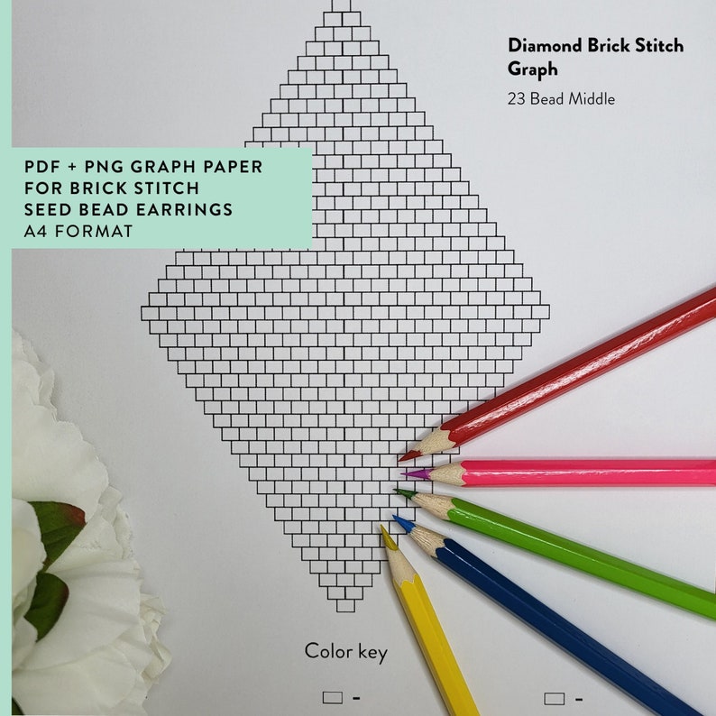 May include: A printable graph paper template for creating diamond brick stitch seed bead earrings. The graph paper is in the shape of a diamond and has a color key with six different colors. The text "Diamond Brick Stitch Graph" and "23 Bead Middle" is at the top of the page. The text "PDF + PNG GRAPH PAPER FOR BRICK STITCH SEED BEAD EARRINGS A4 FORMAT" is at the top left of the page.