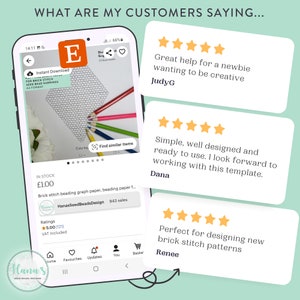 May include: A screenshot of a phone screen showing a digital product listing for a brick stitch beading graph paper template. The listing includes a photo of the template, a color key, and a description of the product. The listing also includes customer reviews with five-star ratings and positive comments.