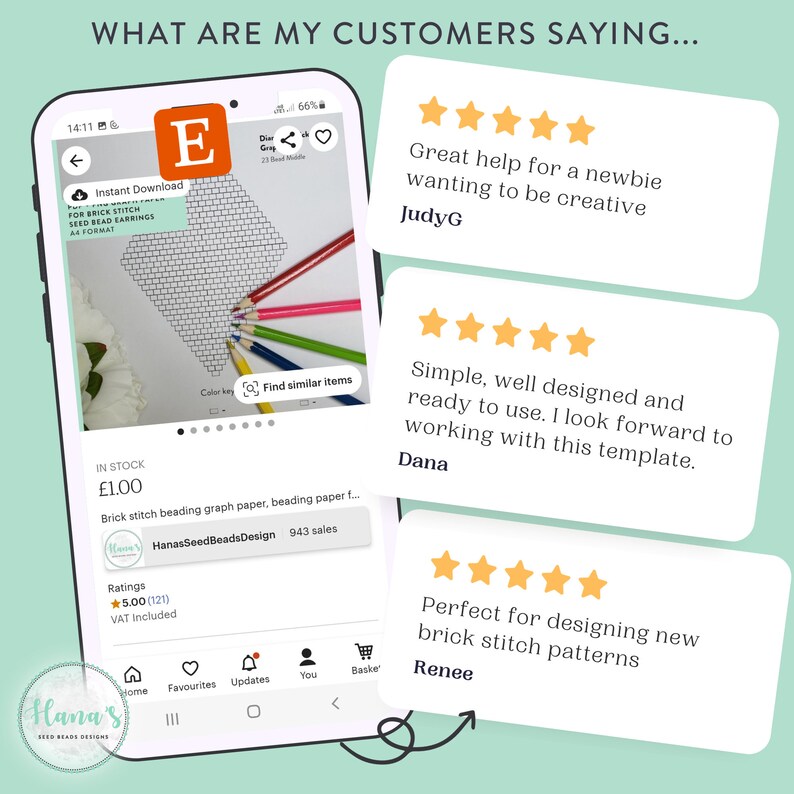May include: A screenshot of a phone screen showing a digital product listing for a brick stitch beading graph paper template. The listing includes a photo of the template, a color key, and a description of the product. The listing also includes customer reviews with five-star ratings and positive comments.