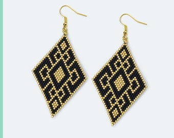 Brick stitch Art Deco seed bead earring pattern, art deco earrings gifts idea for her, gold and black beaded handmade jewelry earrings