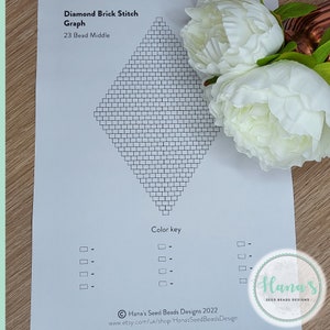 May include: A black and white printable graph for beading a diamond shape using the brick stitch technique. The graph is labeled "Diamond Brick Stitch Graph" and "23 Bead Middle".