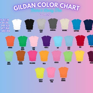 以下が含まれることがあります： ギルダン ユニセックス＆レディースTシャツのカラーチャート。XSからXLまでのサイズに合わせた様々なカラーが掲載されています。チャートには、白、黒、スポーツグレー、チャコール、ナチュラル、サファイア、ネイビー、オレンジ、アイルランドグリーン、ライトピンク、パープル、スカイブルー、ライトブルー、レッド、ロイヤル、ミントグリーン、テキサスオレンジ、ヘリコニア、ゴールド、アザレア、ライム、デイジー、マロン、セーフティグリーン、セーフティピンク、セーフティオレンジなどのカラーが含まれています。