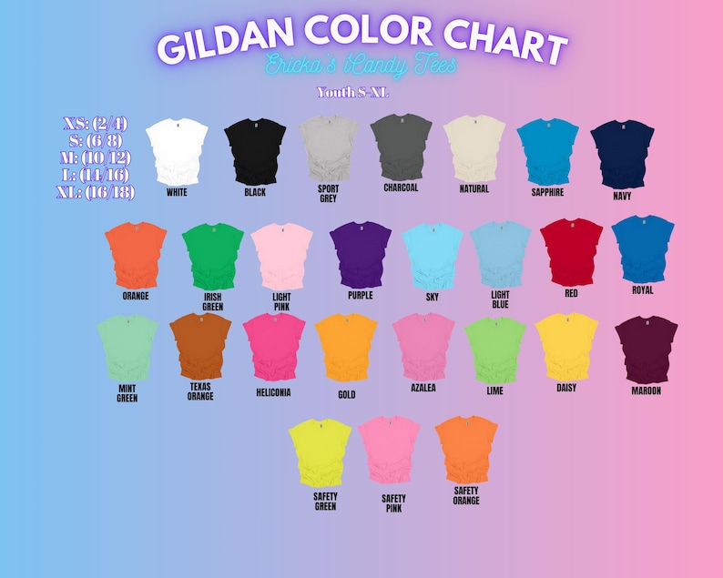 以下が含まれることがあります： ギルダン ユニセックス＆レディースTシャツのカラーチャート。XSからXLまでのサイズに合わせた様々なカラーが掲載されています。チャートには、白、黒、スポーツグレー、チャコール、ナチュラル、サファイア、ネイビー、オレンジ、アイルランドグリーン、ライトピンク、パープル、スカイブルー、ライトブルー、レッド、ロイヤル、ミントグリーン、テキサスオレンジ、ヘリコニア、ゴールド、アザレア、ライム、デイジー、マロン、セーフティグリーン、セーフティピンク、セーフティオレンジなどのカラーが含まれています。