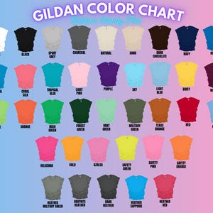 以下が含まれることがあります： ギルダンTシャツのカラーチャートで、白、黒、グレー、青、緑、赤、ピンク、黄、オレンジ、紫など、さまざまな色が表示されています。