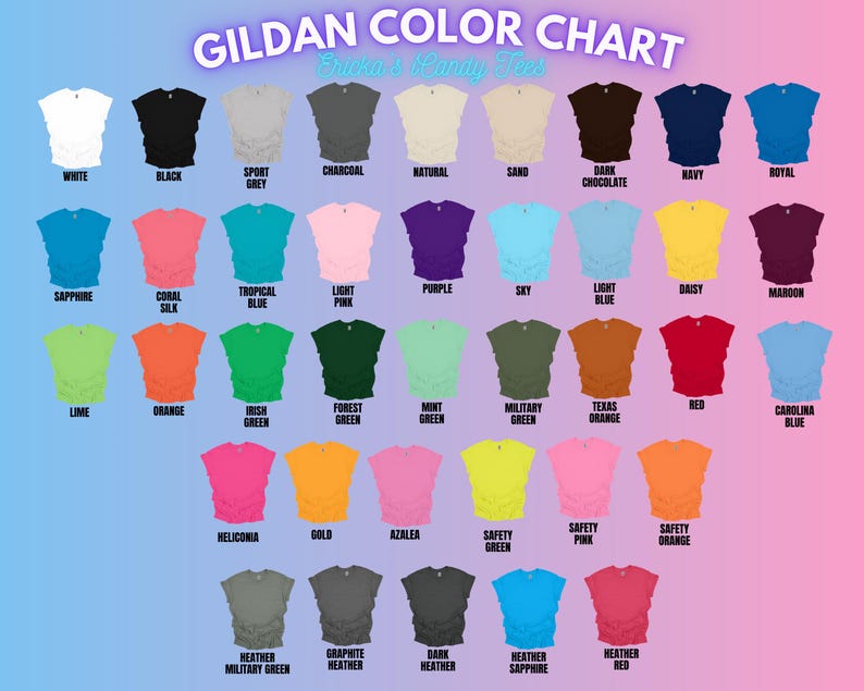 以下が含まれることがあります： ギルダンTシャツのカラーチャートで、白、黒、グレー、青、緑、赤、ピンク、黄、オレンジ、紫など、さまざまな色が表示されています。