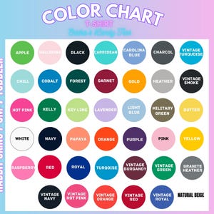 以下が含まれることがあります： 幼児用Tシャツの色見本で、アップル、バレリーナ、ブラック、カリブ海、カロライナブルー、チャコール、ビンテージターコイズ、チル、コバルト、フォレスト、ガーネット、ゴールド、ヒース、ビンテージスモーク、ホットピンク、ケリー、ライム、ラベンダー、ライトブルー、ミリタリーグリーン、ダッター、ホワイト、ネイビー、パパイヤ、オレンジ、パープル、ピンク、イエロー、ラズベリー、レッド、ロイヤル、ターコイズ、ビンテージバーガンディ、ビンテージグリーン、グラナイトヘザー、ビンテージネイビー、ビンテージホットピンク、ビンテージオレンジ、ビンテージレッド、ビンテージロイヤル、ナチュラルベージュなど、さまざまな色が含まれています。