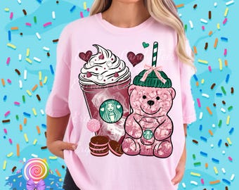 Pink Starbies Teddy, Starbucks Coffee, Valentines Day Graphic Tee or Sweater
