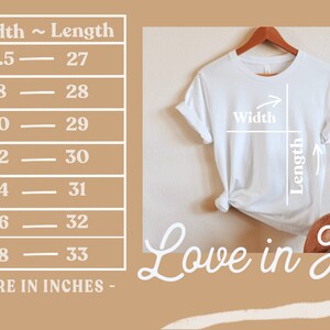 K&ouml;nnte beinhalten: Gr&ouml;&szlig;entabelle f&uuml;r ein wei&szlig;es T-Shirt mit dem Aufdruck "Love in Kyoto". Die Tabelle zeigt die Breite und L&auml;nge in Zoll f&uuml;r die Gr&ouml;&szlig;en XS bis 3XL.