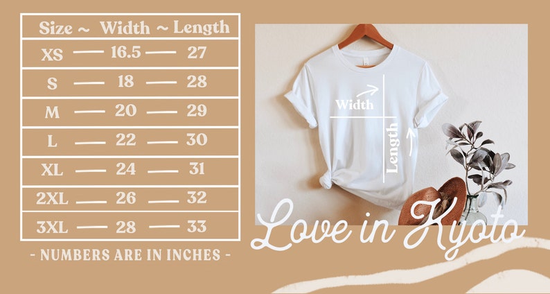 K&ouml;nnte beinhalten: Gr&ouml;&szlig;entabelle f&uuml;r ein wei&szlig;es T-Shirt mit dem Aufdruck "Love in Kyoto". Die Tabelle zeigt die Breite und L&auml;nge in Zoll f&uuml;r die Gr&ouml;&szlig;en XS bis 3XL.
