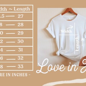 May include: Size chart for a t-shirt with measurements in inches. The chart shows the width and length of the shirt in inches for sizes XS to 3XL. The t-shirt is white and has the text "Love in Kyoto" printed on it.
