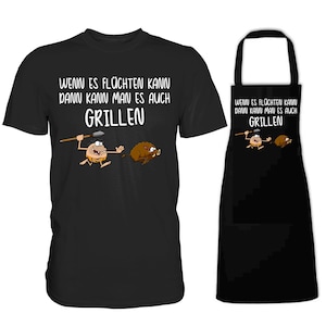Könnte beinhalten: Ein schwarzes T-Shirt und eine passende Schürze mit einem Cartoon-Bild eines Höhlenmenschen, der ein Wildschwein jagt. Der Text auf dem Shirt und der Schürze lautet "WENN ES FLÜCHTEN KANN DANN KANN MAN ES AUCH GRILLEN".