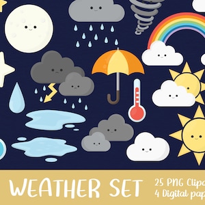 Cute Cartoon Weather Clipart Set - sun, storm, image, printable, cloud, wind, snow, rain, drop, moon, day, night, rainbow (Instant Download)