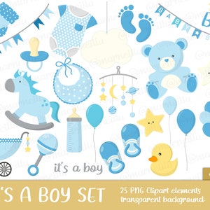 It's a Boy Clipart Set - baby, douche, speelgoed, afbeelding, afdrukbaar, fles, koets, kinderwagen, lichaam, teddy, ballonnen, blauw (Instant Download)
