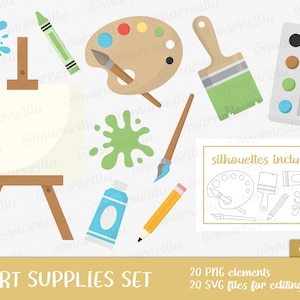 Art Supplies SVG Clipart Set - palette, paint, artist, brush, silhouette, pencil, printable, canvas, paints, colour (Instant Download)