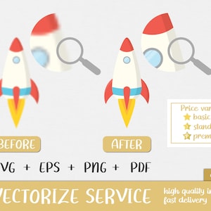 Pode incluir: Um gráfico mostrando uma comparação antes e depois de uma ilustração de foguete, com uma lupa destacando os detalhes. O texto inclui BEFORE, AFTER, SVG + EPS + PNG + PDF, VECTORIZE SERVICE e uma lista de variantes de preço.