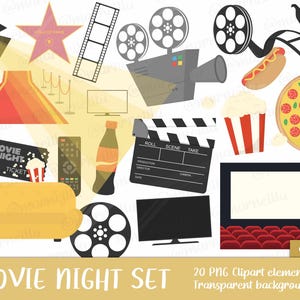 Set di clipart per la serata cinema - cinema, hollywood, tv, immagine, stampabile, macchina fotografica, pellicola (download immediato)