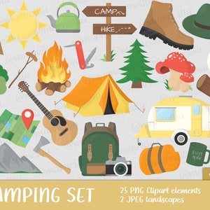 Camping Clipart Set - tienda de campaña, fuego, caravana, imagen, imprimible, caminata, senderismo, viaje, zapatos, búho, montañas, naturaleza, guitarra (Descarga instantánea)