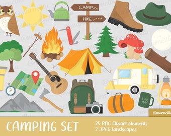 Camping Clipart Set - tent, fire, caravan, image, printable, hike, hiking, travel, shoes, owl, mountains, nature, guitar (Instant Download)