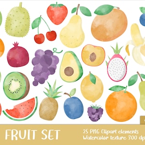 Fruit Clipart Set avec texture aquarelle - mangue, image, imprimable, avocat, banane, pomme, framboise, fraise (Téléchargement instantané)
