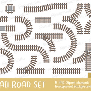 Conjunto de imágenes prediseñadas de ferrocarril/ferrocarril: tren, vía, estación, transporte, juguete, imagen, imprimible, señal, tráfico, riel, vagón, carga (descarga instantánea)