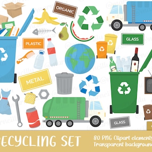 Conjunto de clipart de reciclagem - reciclagem, caminhão, lixo, lixeira, dia da terra, amigo ecológico, meio ambiente, ecologia, lixo, guia (download instantâneo)