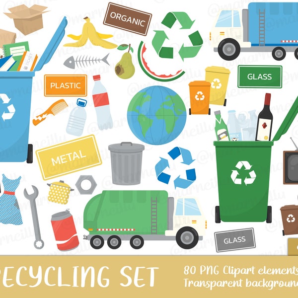 Conjunto de imágenes prediseñadas de reciclaje: reciclaje, camión, basura, papelera, día de la tierra, ecológico, medio ambiente, ecología, basura, guía (descarga instantánea)